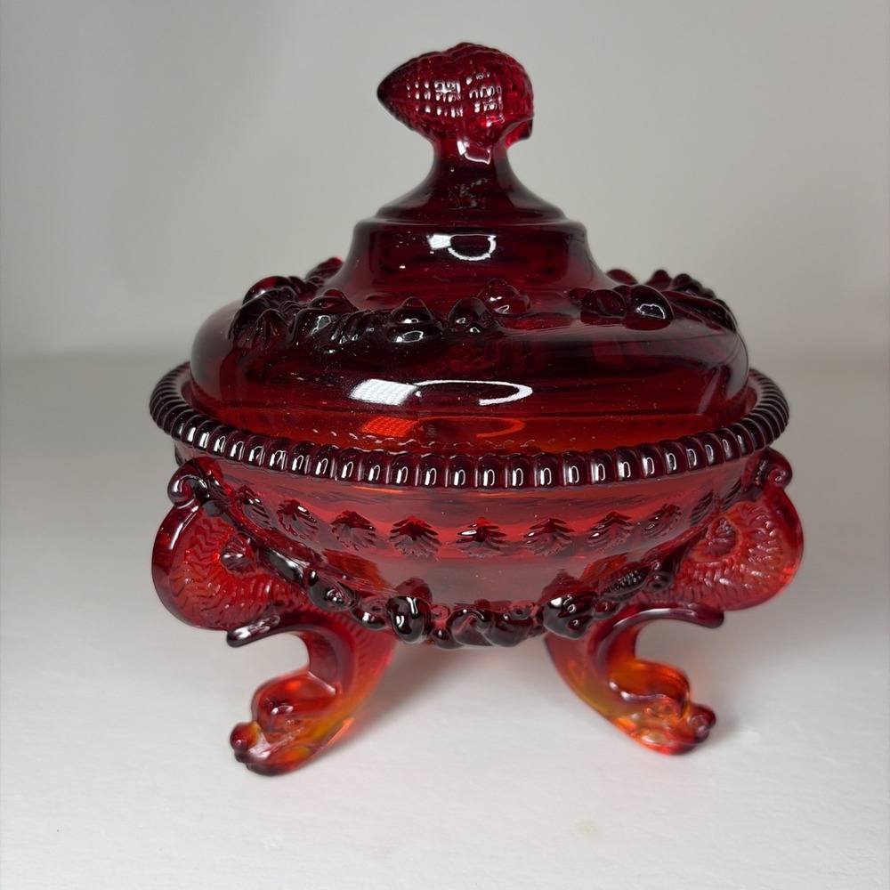 Vintage Westmoreland Argonaut Amberina Red Glass Shell Candy Dish Dolphin Feet